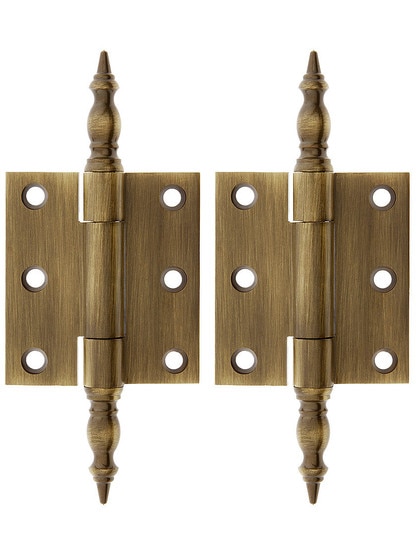 Pair of Solid Brass Steeple Tip Cabinet or Wardrobe Hinges - 2 1/4 inch X 2 1/8 inch in Antique Brass.